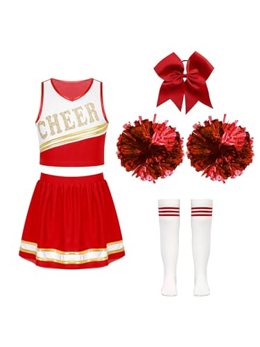 JanJean Kinder Mädchen Cheer Leader Kostüm Cheerleadering Outfit Uniform Karneval Kostüm Top und Rock mit Pompons/Schleife Haarbänder Strümpfe Y Hellrot 146-152 von JanJean