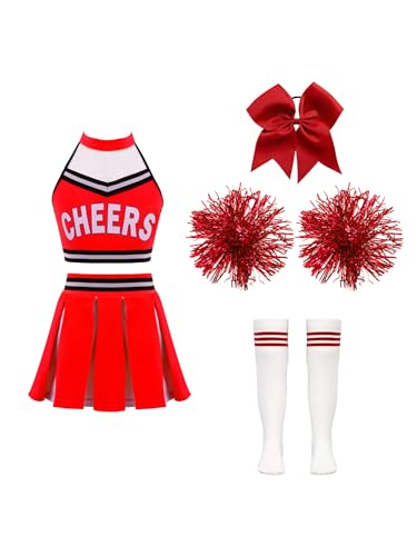 JanJean Kinder Mädchen Cheer Leader Kostüm Cheerleadering Outfit Uniform Karneval Kostüm Top und Rock mit Pompons/Schleife Haarbänder Strümpfe Za Rot 134-140 von JanJean
