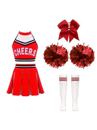 JanJean Kinder Mädchen Cheer Leader Kostüm Cheerleadering Outfit Uniform Karneval Kostüm Top und Rock mit Pompons/Schleife Haarbänder Strümpfe Zb Rot 146-152 von JanJean