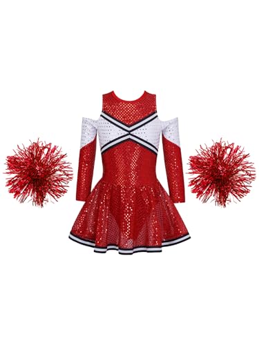 JanJean Mädchen Cheer Leader Kostüm Langarm Cheerleading Kleid mit Pompoms/Harrband Pailletten Tanzkleid Schulmädchen Uniform Halloween Karneval Kostüm A Rot 170-176 von JanJean