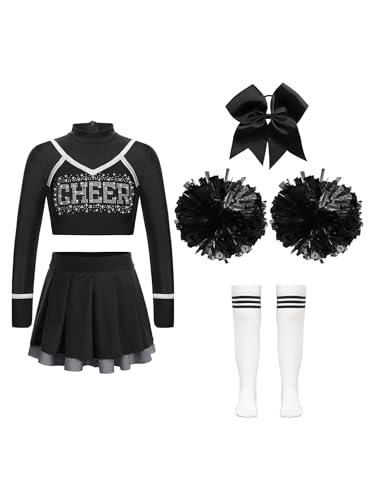 JanJean Mädchen Halloween Cheer Leader Kostüm Kinder 2tlg Cheerleadering Uniform mit Pompoms Bauchfrei Oberteil Cheer Leader Rock Karneval Fasching Party F Schwarz 146-152 von JanJean