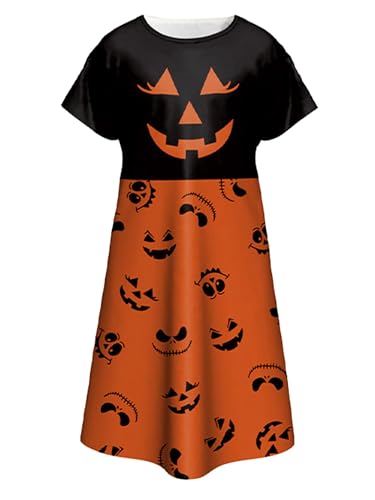 JanJean Mädchen Halloween Kürbis Kostüm Hexe Kleid mit Pumpkin Drucken Partykleid A-Linie Pyjama Kleid Halloween Cosplay Kleidung C Typ 98-104 von JanJean
