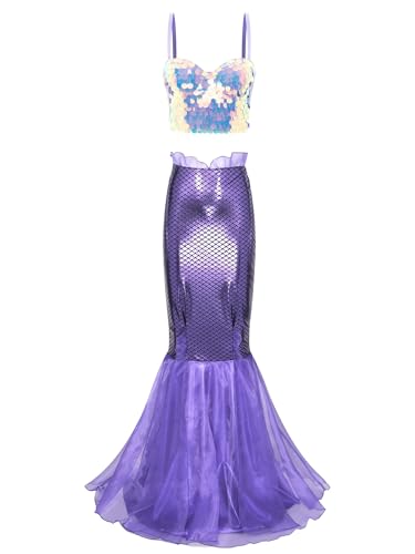 JanJean Meerjungfrau Kostüm Damen Pailletten Crop Top Glitzer BH Oberteil + Meerjungfrau Rock Fischschuppenrock Karneval Fasching Kostüm Lila L von JanJean
