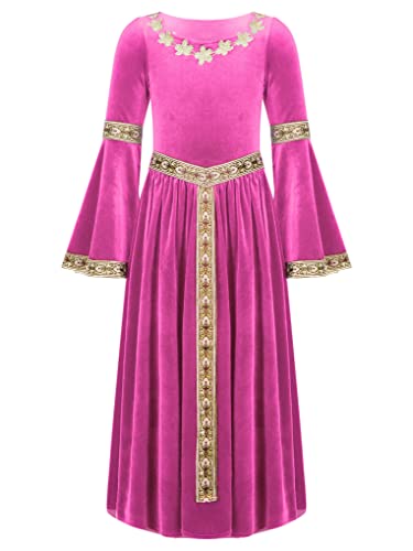 JanJean Mittelalterliches Kostüm Mädchen Mittelalter Kleid Prinzessin Kleid mit Trompetenärmel Retro Kostüm Maxikleid Hot Pink 122-128 von JanJean