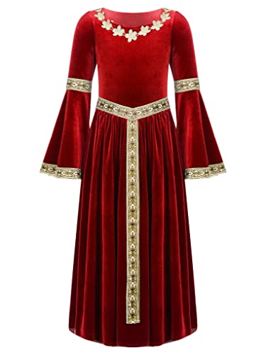 JanJean Mittelalterliches Kostüm Mädchen Mittelalter Kleid Prinzessin Kleid mit Trompetenärmel Retro Kostüm Maxikleid Rot 122-128 von JanJean