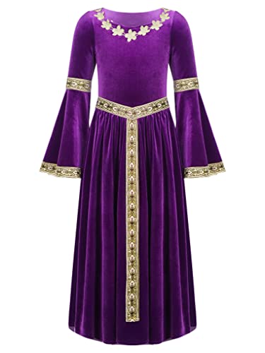 JanJean Mittelalterliches Kostüm Mädchen Mittelalter Kleid Prinzessin Kleid mit Trompetenärmel Retro Kostüm Maxikleid Violett 170-176 von JanJean