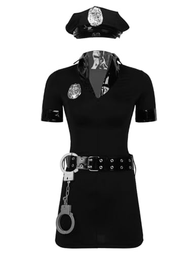JanJean Sexy Polizistin Kostüm Damen Kurzarm Bodysuit Catsuit + Mütze + Handschnelle + Gürtel Polizistin Uniform Erwachsene Karneval Fasching Kostüm X Schwarz L von JanJean