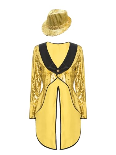 JanJean Zirkus Kostüm Damen Showman Kostüm Glitzer Frack Jacke + Pailletten Mütze Vintage Mantel Smoking Jacke Karneval Outfits Gold XXL JanJean Zirkus Kostüm Damen Showman Kostüm Glitzer Frack Jacke + Pailletten Mütze Vintage Mantel Smoking Jacke Karneval Outfits Gold XXL von JanJean