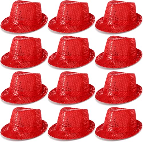 Janmercy 12 Stück Western-Paillettenhut, Glitzer, einfarbig, Tanzhut, Retro, Disco, Uni-Kostüm, Kappe für Party-Requisiten, Zubehör (rot) von Janmercy