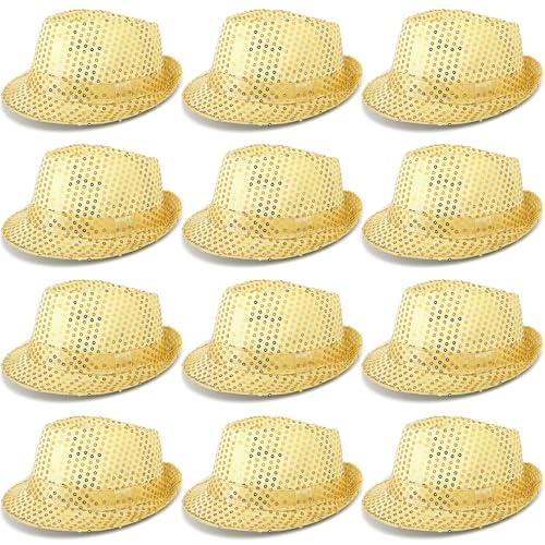 Janmercy 12 Stück Western-Pailletten-Hut, Glitzer, einfarbig, Tanzhut, Retro, Disco, Unisex-Kostüm, Kappe für Party-Requisiten, Zubehör, Gold, Medium von Janmercy