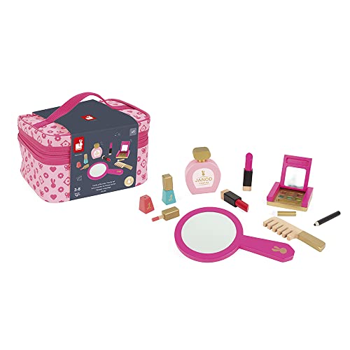 Janod - P'tite Miss Vanity Case for Children - 9 Solid Wood Accessories Included - Pretend Play Toy Beauty and Cosmetic, J06514, Pink von Janod