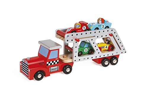 Janod - From 2 years old - Large Wooden Car Carrier - 4 Wooden Cars Included - Develops Imagination - J08572 von Janod