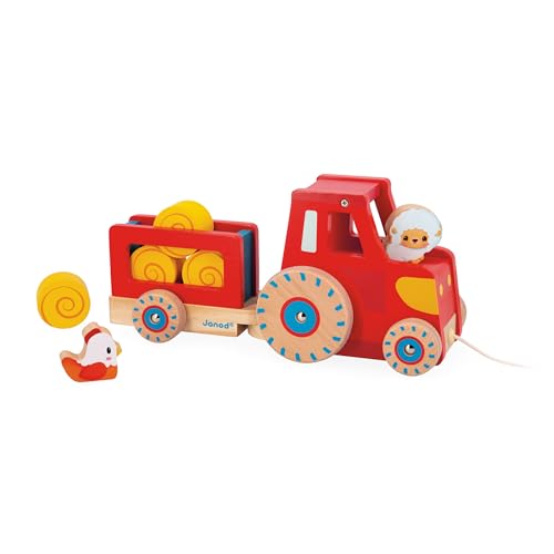 Janod - Traktor zum Ziehen - Baby- und Kleinkindspielzeug - 1 Spielzeugtraktor + 6 Zubehörteile - Geräuscharme Räder - Fördert die Motorik - Spielzeug aus FSC-Holz - Ab 12 Monaten, J03317 von Janod