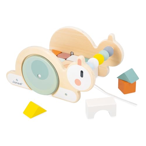 Janod - Sweet Cocoon Schneckenwagen mit Klötzen Kleinkindspielzeug - Handgeschicklichkeit und Vorstellungskraft - Nachziehspielzeug + 16 Bauklötze - Spielzeug aus FSC-Holz - Ab 18 Monaten, J04054 von Janod