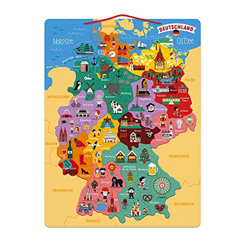 Janod Deutschlandkarte, magnetisch, Puzzle für Kinder aus Holz, 79 magnetische Teile, Entdecken und Merken, Geographie-Lernspiel, ab 7 Jahren, J05477 von Janod