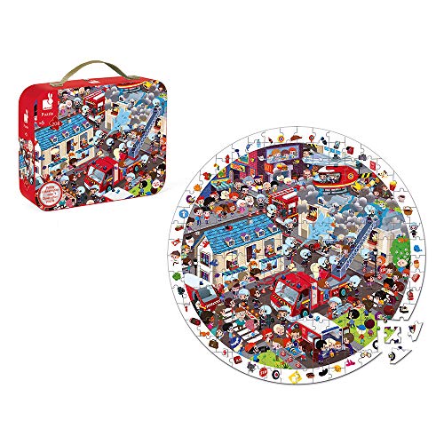 Janod - Extreme Firemen Round Observation Puzzle 208 Pieces - Suitcase with Handle - For children from the Age of 6, J02793 von Janod