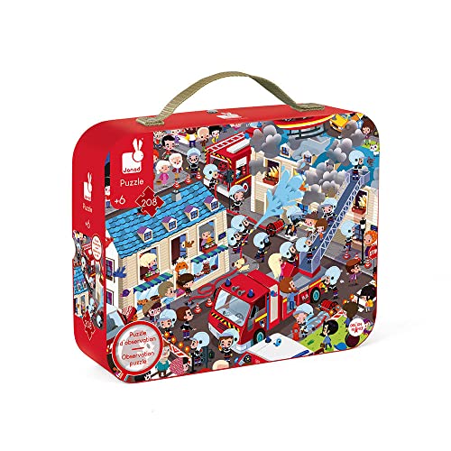 Janod - Extreme Firemen Round Observation Puzzle 208 Pieces - Suitcase with Handle - For children from the Age of 6, J02793 von Janod