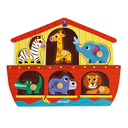 Janod J07062 Wooden Tenon Puzzles 6 pieces, Noah's Ark von Janod