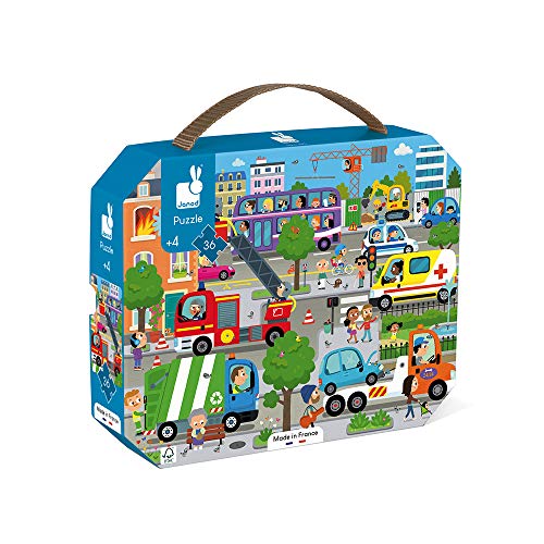 Janod - Puzzle für Kinder Stadt, 36 Teile - Lernspiel - Feinmotorik und Konzentration - Koffer mit Griff - FSC-zertifiziert - Ab 4 Jahren, J02644 von Janod