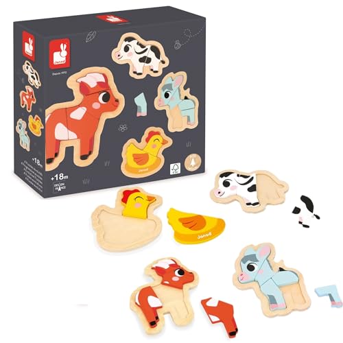 Janod - 4 Holzpuzzle mit 2 bis 5 Teilen - Puzzle zum Thema Bauernhoftiere - Spielzeuge für Kinder - Pädagogische Spiele - Baby- und Kleinkindspielzeug - Ab 18 Monaten, J07114 von Janod