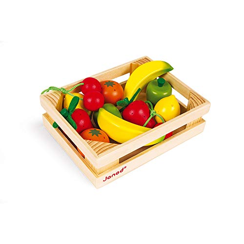 Janod - Obstkiste mit 12 Holzfrüchten, Puppen-Teeküche, Küchenset, Kaufladen-Zubehör, Spielzeugnachbildung, ab 3 Jahren, J05610 von Janod