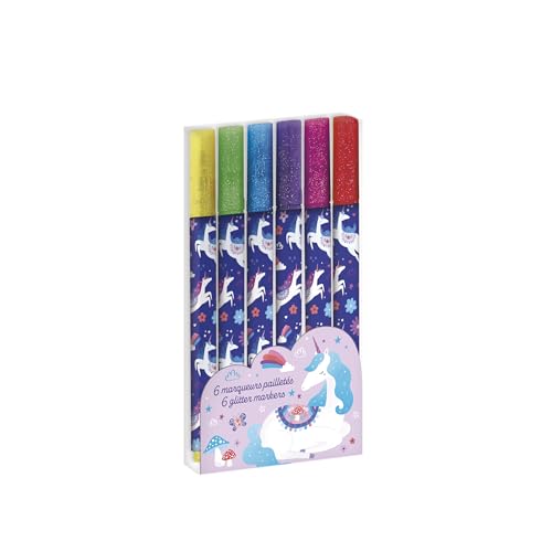 Janod - 6 Glitzer-Effekt-Marker - Thema Einhorn - 6 Farben - Magischer Marker für Zeichnen, Malen, Basteln, Kunsthandwerk, Geschenkidee für Jugendliche - Kreatives Hobby - Ab 6 Jahren - J08934 von Janod
