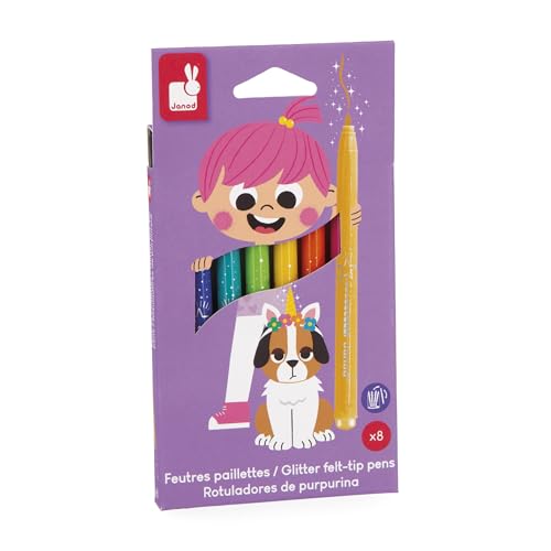Janod – 8 Glitzerfilzstifte – Hohe Glitzerkonzentration und abwaschbare Tinte Malen für Kinder – Basteln, Scrapbooking, Handarbeiten – Ab 3 Jahren – J07412 von Janod