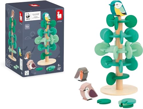 Janod Baum zum Zusammenbauen, 30 cm-37 Teile + 3 Vögel-Lernspiel-Spielzeug aus FSC-Holz-WWF-Partnerschaft-Ab 3 Jahre, J08646, Grün von Janod