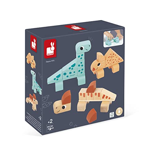 Janod - Bauspiel Cubikosaurus Dinosaurier - 3 Dinos zum Bauen - Lernspiel zum Stapeln - Spielzeug aus FSC-Holz - Ab 24 Monate, J05833 von Janod