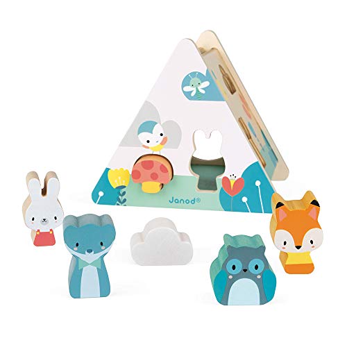 Janod - Pure Holz-Steckspiel, Spielzeug für frühkindliches Lernen, mit 6 Teilen, zum Befühlen und Bauen, Farbe auf Wasserbasis, ab 18 Monaten, J05150 von Janod