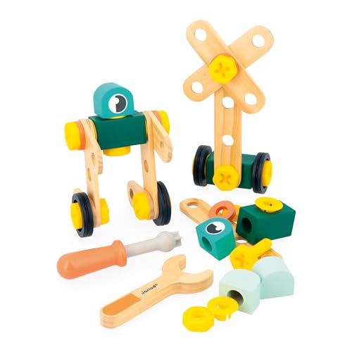 Janod Brico'Kids 50-teiliges Fass-Bauspiel Kind-Inklusive 48 Zubehörteile + 2 Werkzeuge-Rollenspiel-Fördert Handgeschicklichkeit und Kreativität-Ab 3 Jahre, J06453, Multicolor von Janod