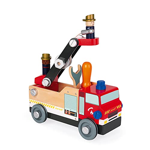 Janod - Brico'Kids Feuerwehrauto aus Holz zum Zusammenbauen - Bausatz mit 45 Teilen + 2 Feuerwehrmänner - Einfache Konstruktion - FSC-Zertifiziert - Kinder Holzspielzeug - Ab 3 Jahren, J06469 von Janod