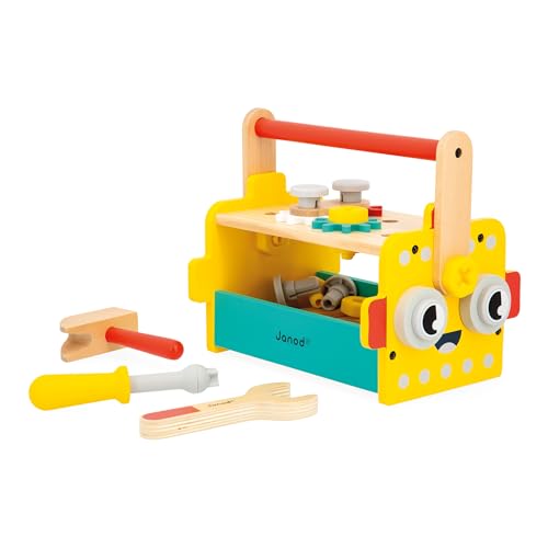 Janod - Brico'Kids Roboter-Werkzeugkasten - Bauspiel Kind - 25 Bauteile + 3 Werkzeuge - Rollenspiel - Fördert Feinmotorik - Ab 36 Monate, J06455 von Janod