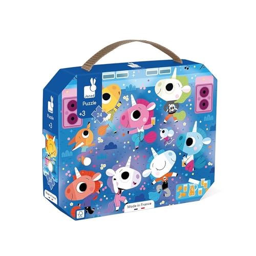 Janod - Puzzle Das Rockkonzert der Einhörner - 24-teiliges Puzzle aus FSC-Pappe - Fördert Geduld und Konzentration Kinderpuzzle ab 3 Jahre, J02544, Blau von Janod