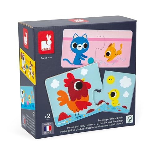 Janod - Eltern & Babytierpuzzle - 12 Puzzles mit 2 Teilen - Bildungsspiel - Feinmotorik & Konzentration - FSC-zertifiziertes Produkt & pflanzliche Tinten 2 Jahre - J02637 von Janod