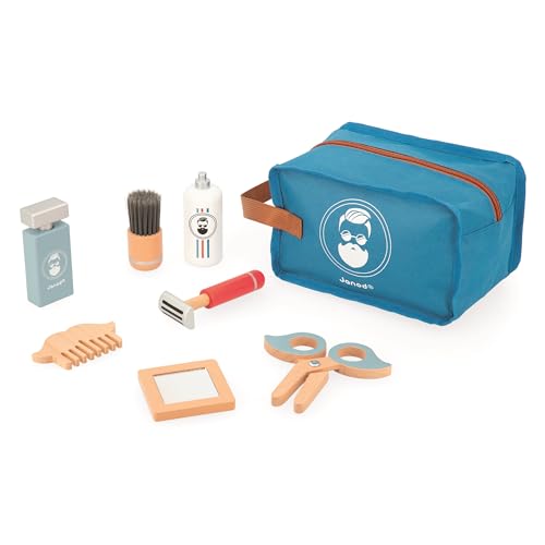 JANOD Barbierkoffer für Kinder-7 Holz-Accessoires + Etui-Rollenspielzeug-Entwickelt die Fantasie-Holzspielzeug-Ab 3 Jahre, J06552, Bleu, 21 x 13 x 13 von Janod