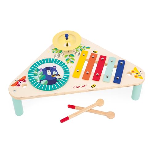 Janod Gioia Musiktisch aus Holz 3 Kinderinstrumente-Rollenspiel und Musikalische Früherziehung-Wasserfarbe-Ab 12 Monaten, J07655, Multicolor von Janod
