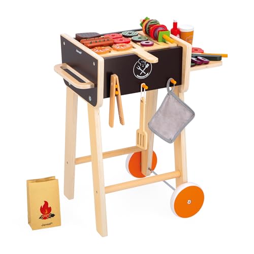 Janod Grill aus Holz-Rollenspielzeug Küche und Puppengeschirr für Kinder-Inklusive 57 Zubehörteile-2 geräuscharme Räder-Ab 3 Jahre, J06619, Multicolor von Janod