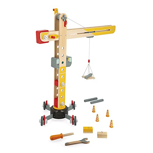 Janod - Großer Holzkran 74 cm - Rollenspielzeug - Konstruktionsspiel - 360° Drehbar und Mobil - 12 Zubehörteile inklusive - FSC-zertifiziert - Ab 3 Jahre, J06468, Gelb von Janod