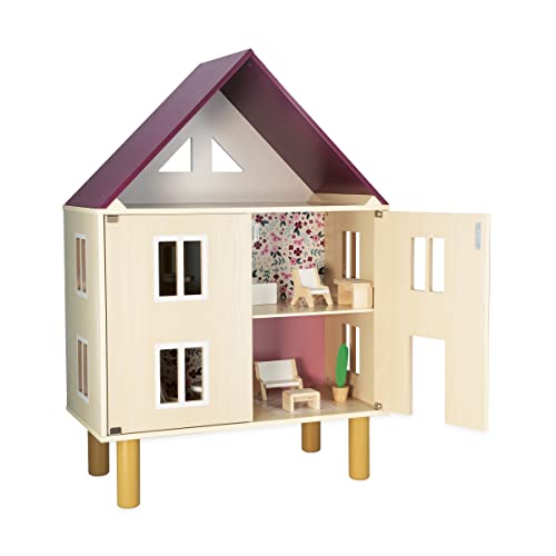 Janod Twist Puppenhaus aus Holz-11 Zubehörteile Puppenmöbel-Magnetische Türen-Spielzeug aus FSC Ab 3 Jahre, J06617, Burgund/Holz, one Size von Janod