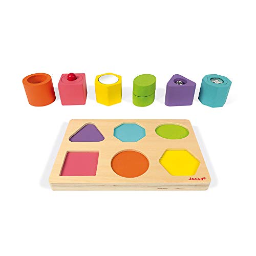 Janod - I Wood Sensorik-Puzzle aus Holz mit 6 Steinen, Lernspielzeug, zum Erlernen von Formen und Farben, Farbe auf Wasserbasis, FSC-zertifiziert, ab 1 Jahr, J05332 von Janod