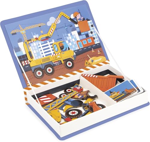 Janod - Magnéti'Book Fahrzeuge der Baustelle - Magnetisches Lernspiel mit 50 Magneten + 18 Modellen - Kinderspielzeug aus FSC-Karton - Fördert die Fingerfertigkeit und Vorstellungskraft - Ab 3 Jahre von Janod