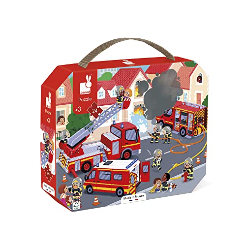 Janod - Kinderpuzzle Feuerwehr 24 Teile - Lernspiel Feinmotorik und Konzentration - Koffer mit Griff - FSC-zertifiziert - Pflanzenfarbe - Ab 3 Jahren, J02605 von Janod