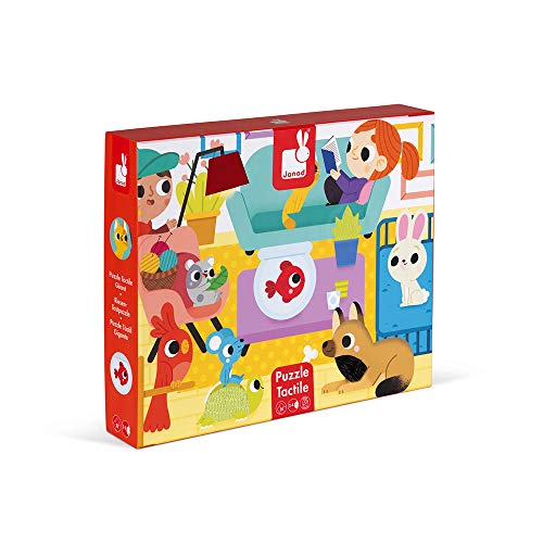 Janod Tast-Puzzle für Kinder, Die Haustiere, 20 Teile, davon 7 mit Textur, Lern- und Tastspiel, Tastsinn, Feinmotorik und Konzentration, ab 2 Jahren, J02686 von Janod