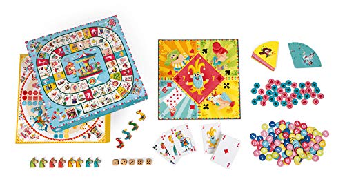 Janod - Carrousel Multi-Games Box Set - Classic Family Games - Draughts game, Ludo, Yellow Dwarf, 7 families, Goose game - For children from the Age of 5, J02742 von Janod