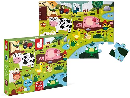 Janod Tast-Puzzle für Kinder, Die Bauernhoftiere, 20 Teile, davon 7 mit Textur, Lern- und Tastspiel, Tastsinn, Feinmotorik und Konzentration, ab 2 Jahren, J02772 von Janod