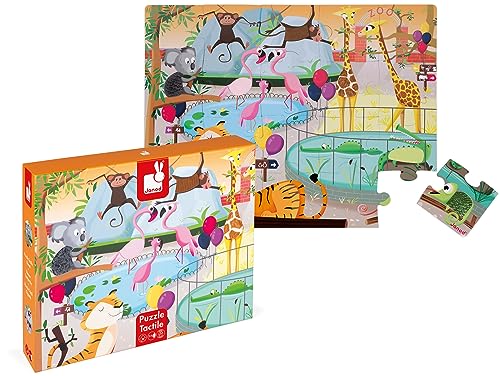 Janod Tast-Puzzle für Kinder, ein Tag im Zoo, 20 Teile, davon 7 mit Textur, Lern- und Tastspiel, Tastsinn, Feinmotorik und Konzentration, ab 2 Jahren, J02774 von Janod
