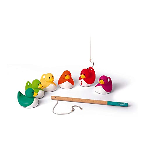 Janod - Angelspiel Enten - 6 Bunte Enten + 2 Angeln aus Holz - Badeenten - Gummienten Geschicklichkeitsspiel - Ideal für Kindergeburtstage - Kinderspielzeug ab 2 Jahren, J03246 von Janod
