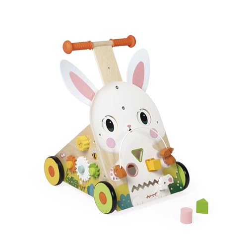 Janod - Bauernhof Multi-Aktivitäten-Wagen - Holzlaufwagen zum Schieben - 9 Aktivitäten - Patentiertes Bremssystem und geräuscharme Räder - Entwickelndes Kinderspielzeug - Ab 12 Monate - J03326 von Janod