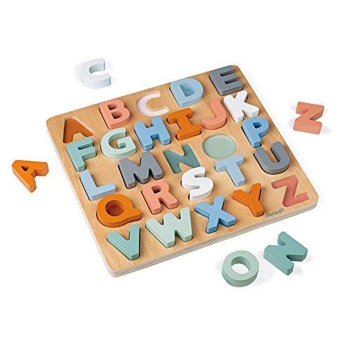 Janod - Alphabet-Puzzle aus Holz 26 Teile - Kollektion Sweet Cocoon - Baby- und Kleinkindspielzeug Farbe auf Wasserbasis - Erlernen des Alphabets und der Schrift - Ab 2 Jahren, J04412 von Janod